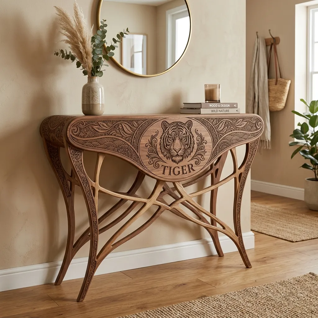 Wooden Console Table Tiger Wildlife Home Decor